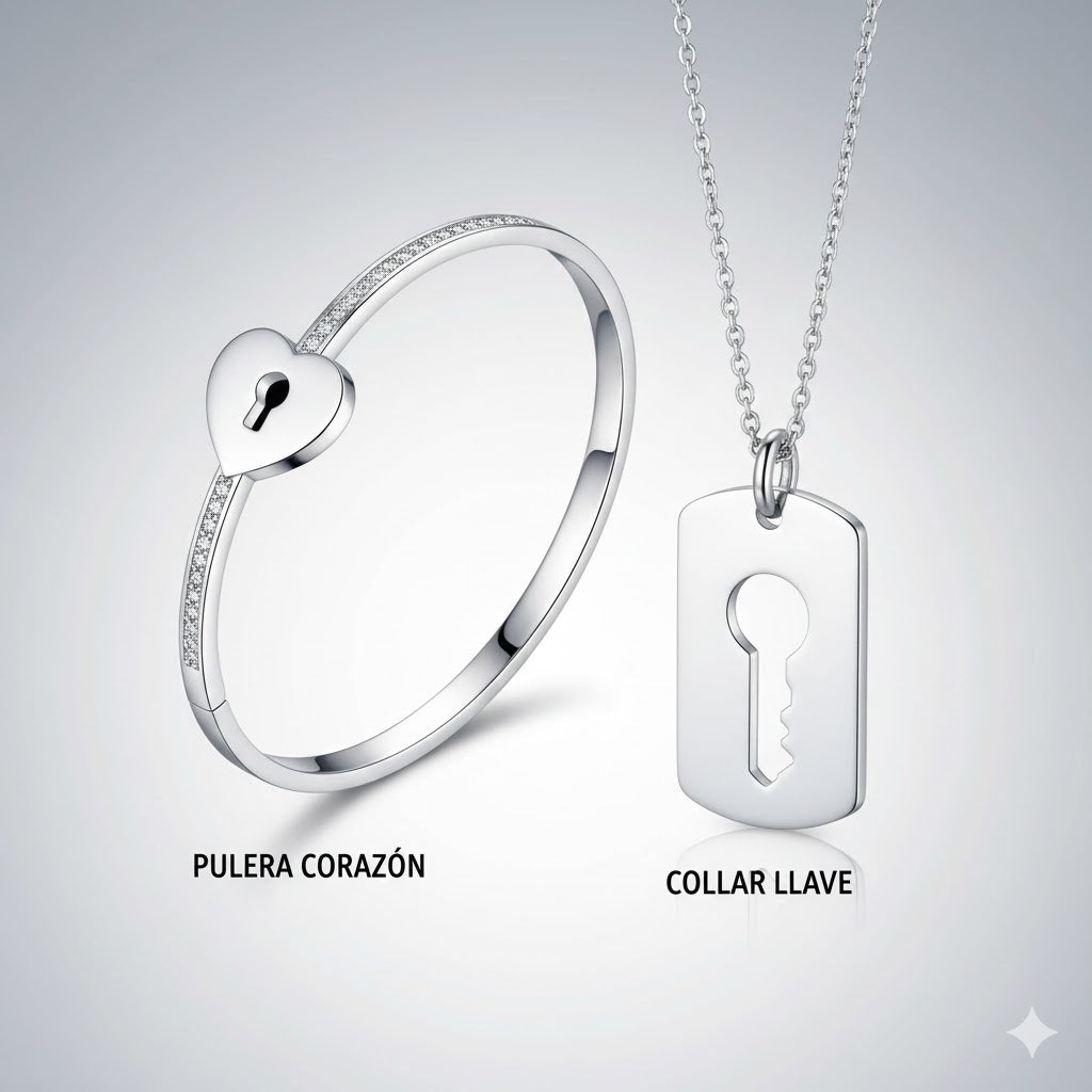 PULSERA CORAZÓN Y COLLAR LLAVE (PAREJAS) | ENVÍO GRATIS