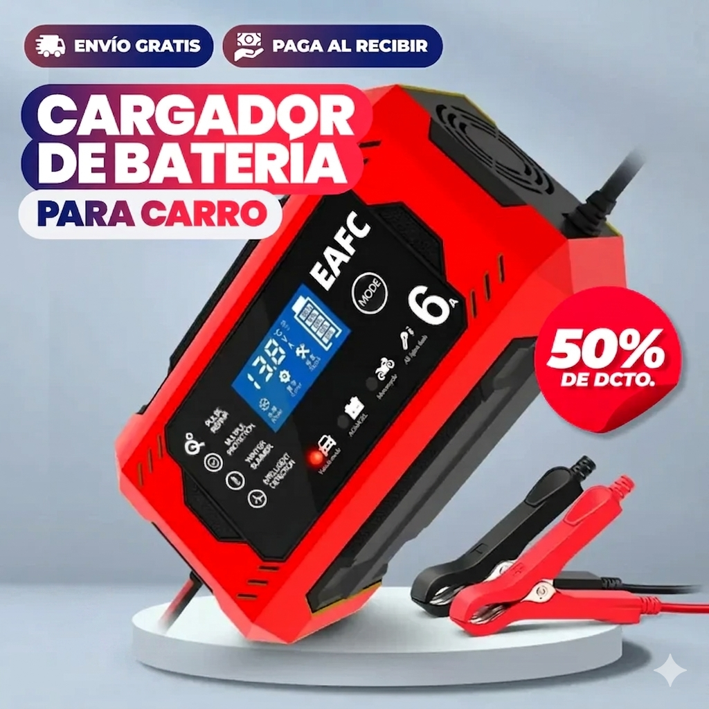 Cargador de Batería Inteligente para Carro 12V – Reparación por Pulso, Pantalla LCD, 6A, Apto para Moto, Auto y Camión