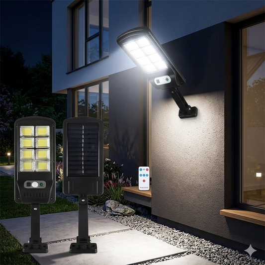 Lámpara Solar LED con Control Remoto y Sensor de Movimiento – 8 Paneles COB – Luz Brillante para Exterior